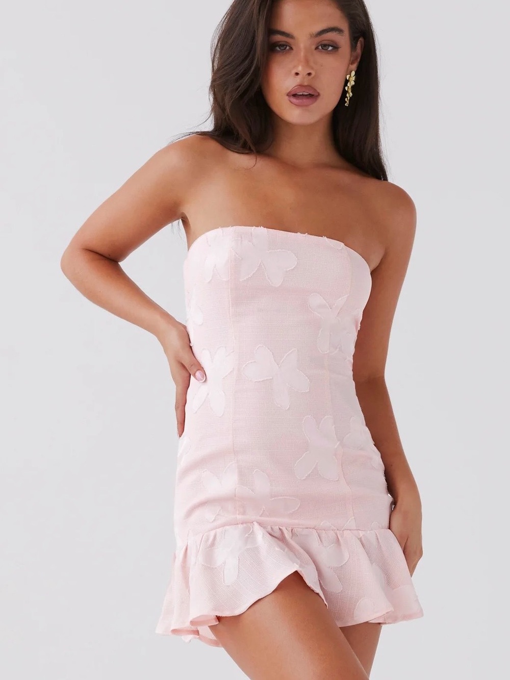 Peppermayo Strapless Pink Floral Ruffle Hem Dress